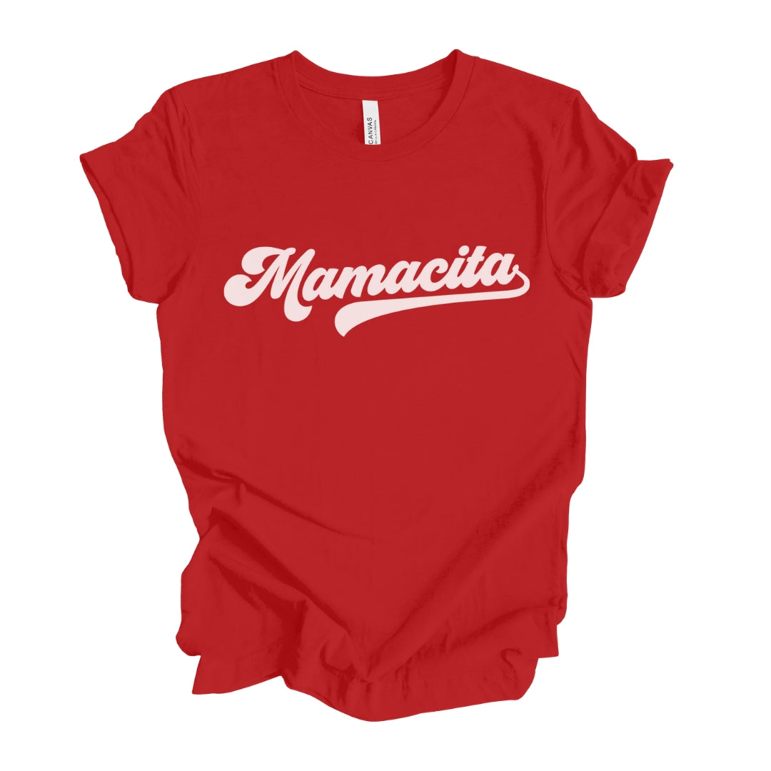  Women's 'Mamacita' red T-Shirt in retro cursive font with white lettering