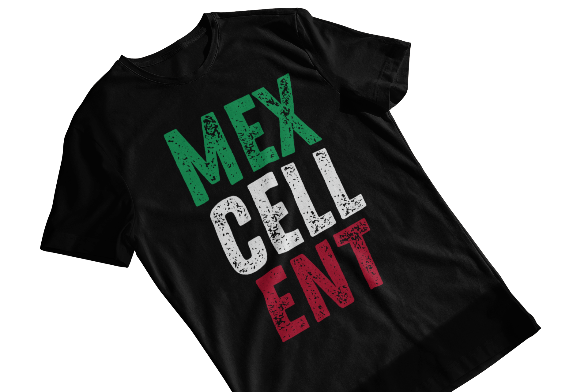 Men's Casual Black T-Shirt with Mexcellent Faded Text in Green, White, and Red Latin-Inspired Graphic Design