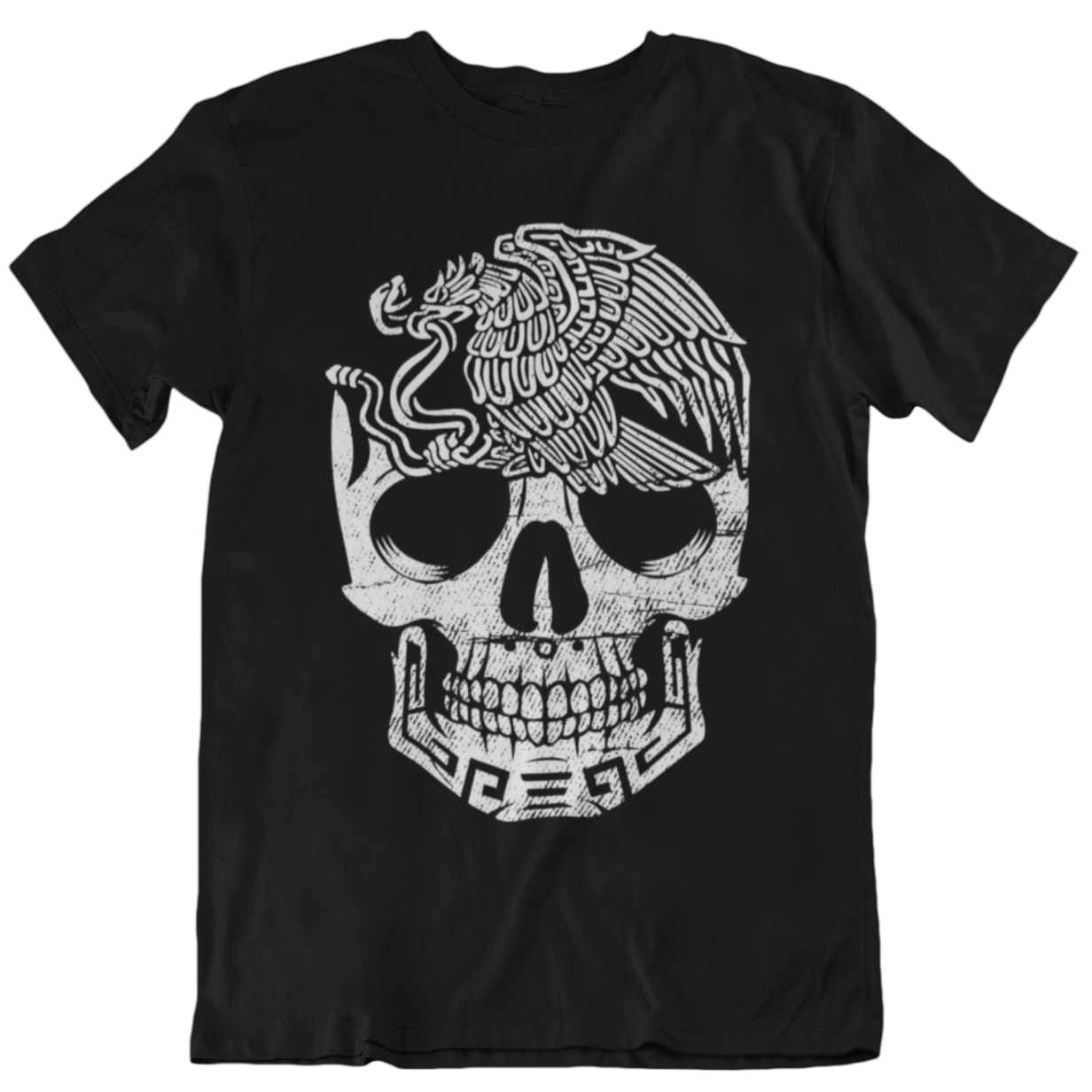 Black t-shirt featuring a graffiti-style skull with a crested caracara, also known as the Mexican eagle