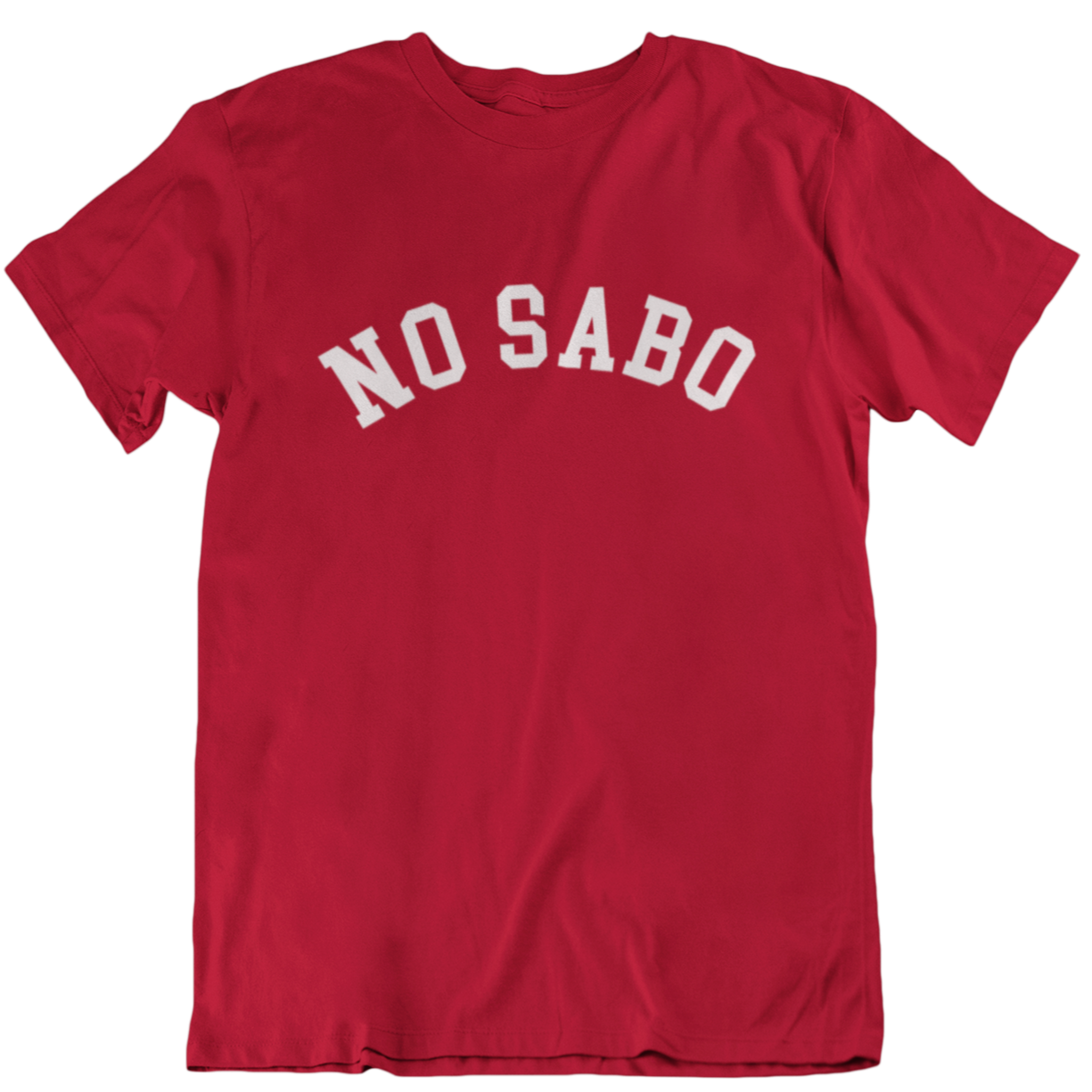 funny red t-shirt for latinos and chicanos.  in bold white lettering the shirt states "no sabo" in honor of no sabo kids