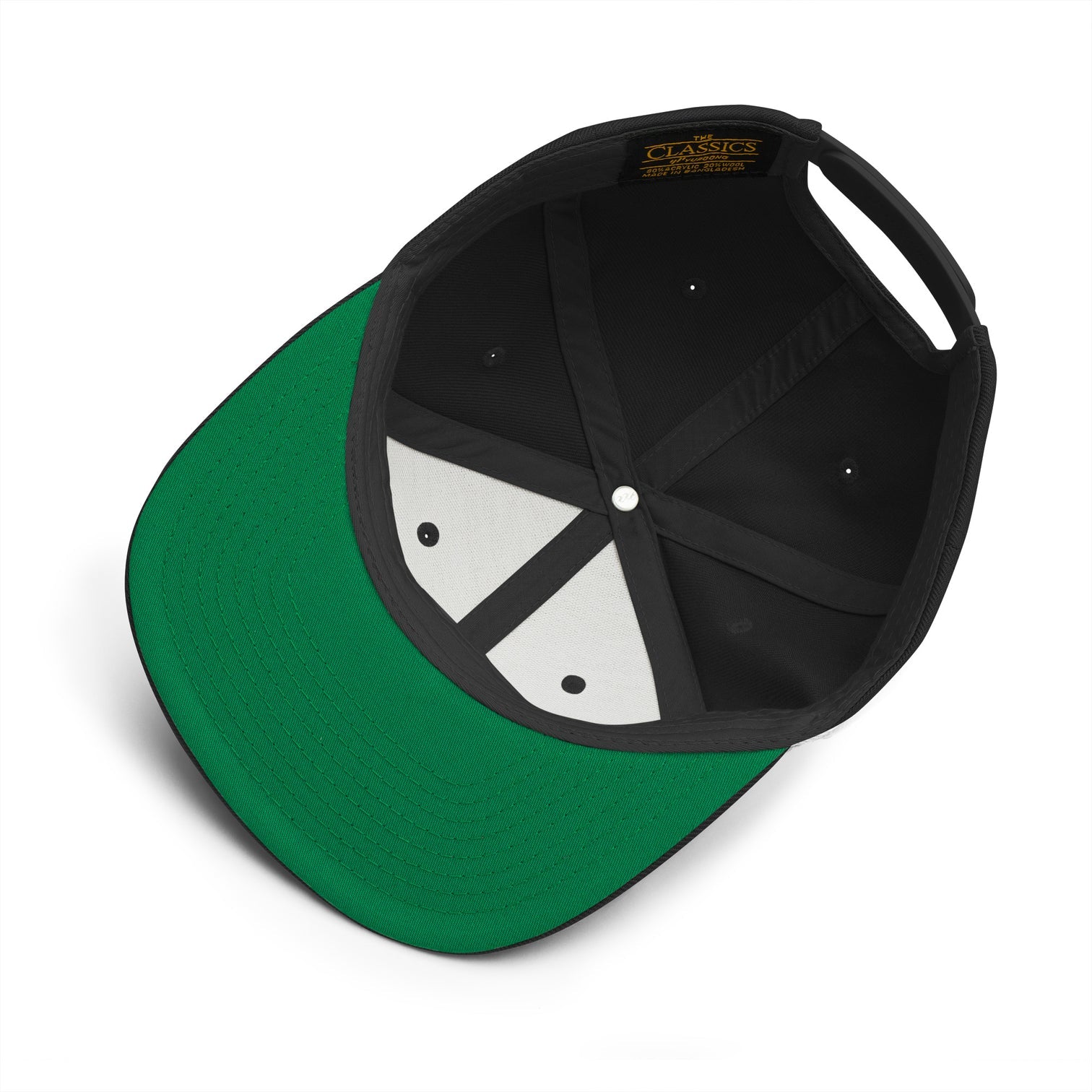Black OG snapback cap baseball hat displayed upside down to show that the bottom of the bill is green