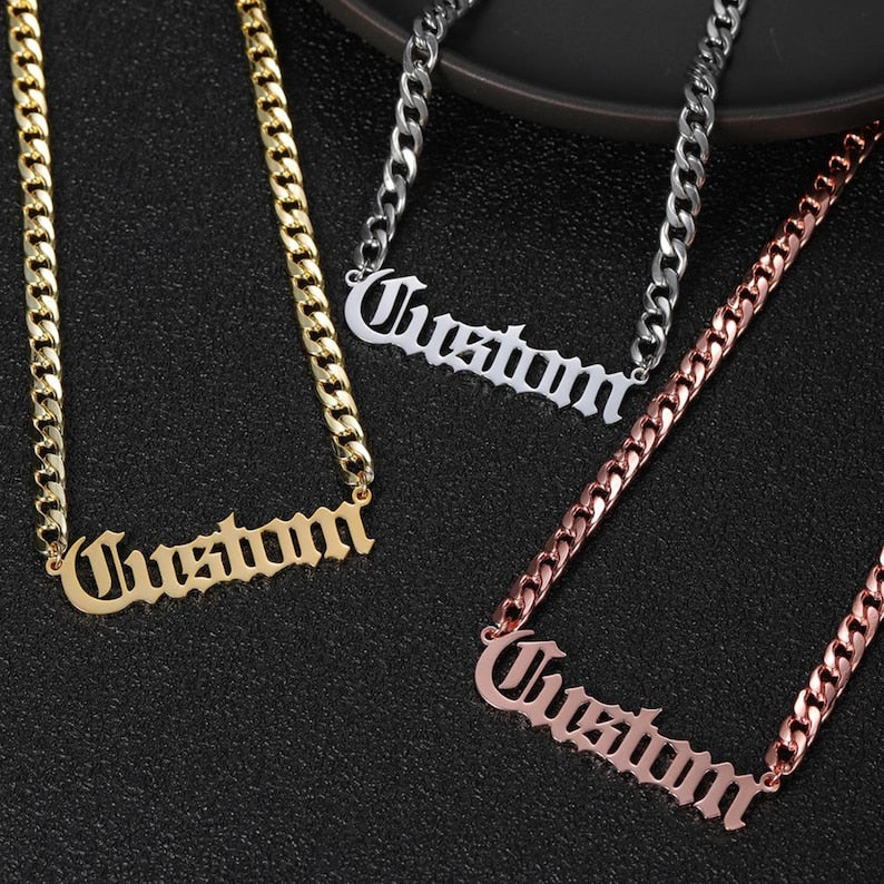 personalized name necklaces on 5mm cuban link chain.  Gold, Silver, and Rose Gold necklaces