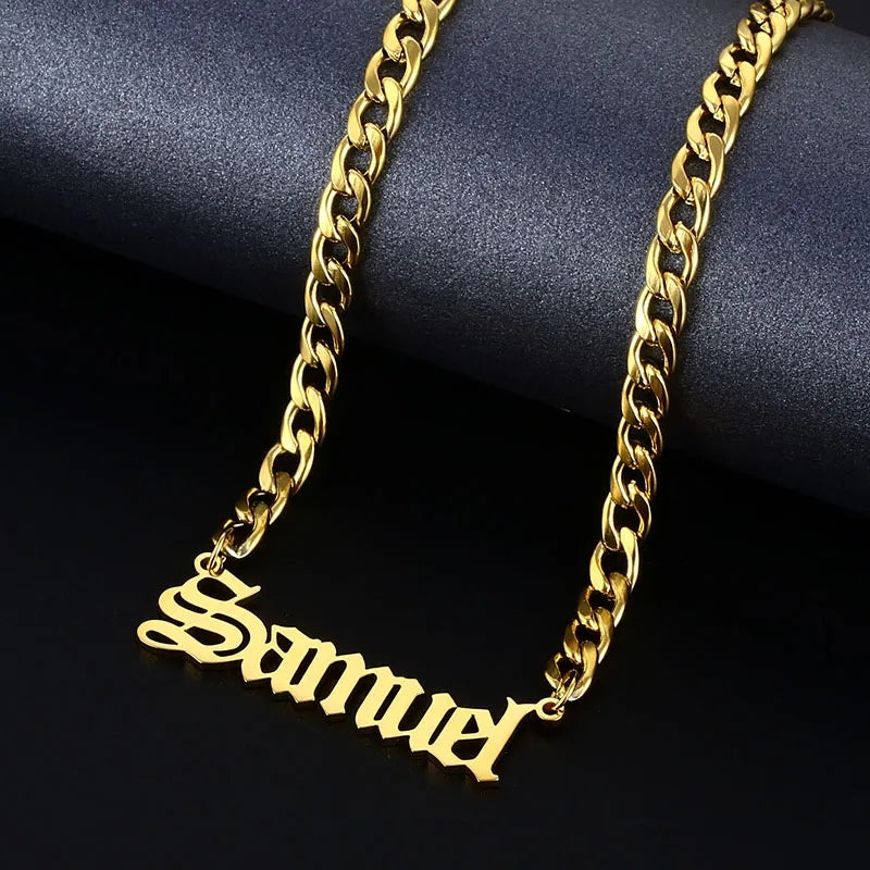 14k Yellow Gold Miami Cuban Link Personalized Large Old English Nameplate  Necklace