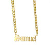 Gold necklace with 5mm cuban link chain and personalized nameplate.