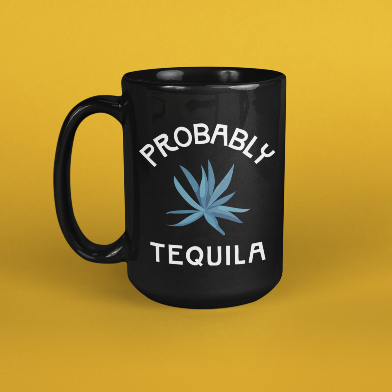Graphic illustration of an agave plant on a black mug with text "probably tequila"