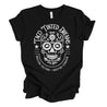 women's black t-shirt with white tattoo-style sugar skull graphic and vintage lettering