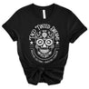 women's black t-shirt with Mexican day of the dead calavera sugar skull