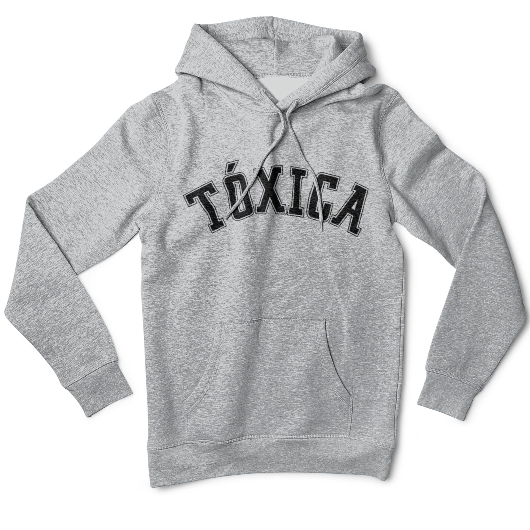 Spanish grey hoodie sweatshirt for Latina women with the word 'Toxica' written in black vasity lettering