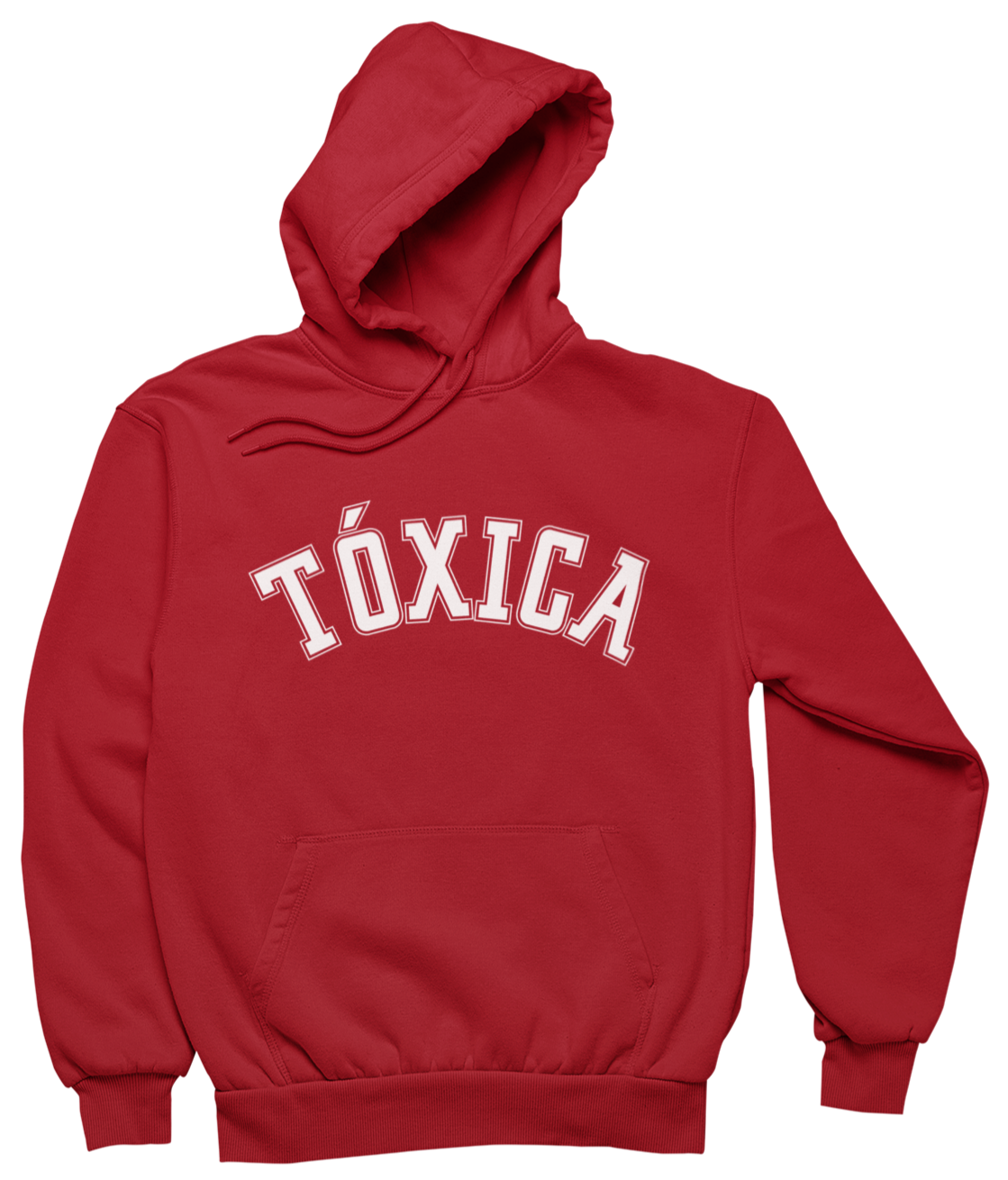 Red spanish hoodie sweatshirt for Latina women with the word 'Toxica' written in white varsity lettering