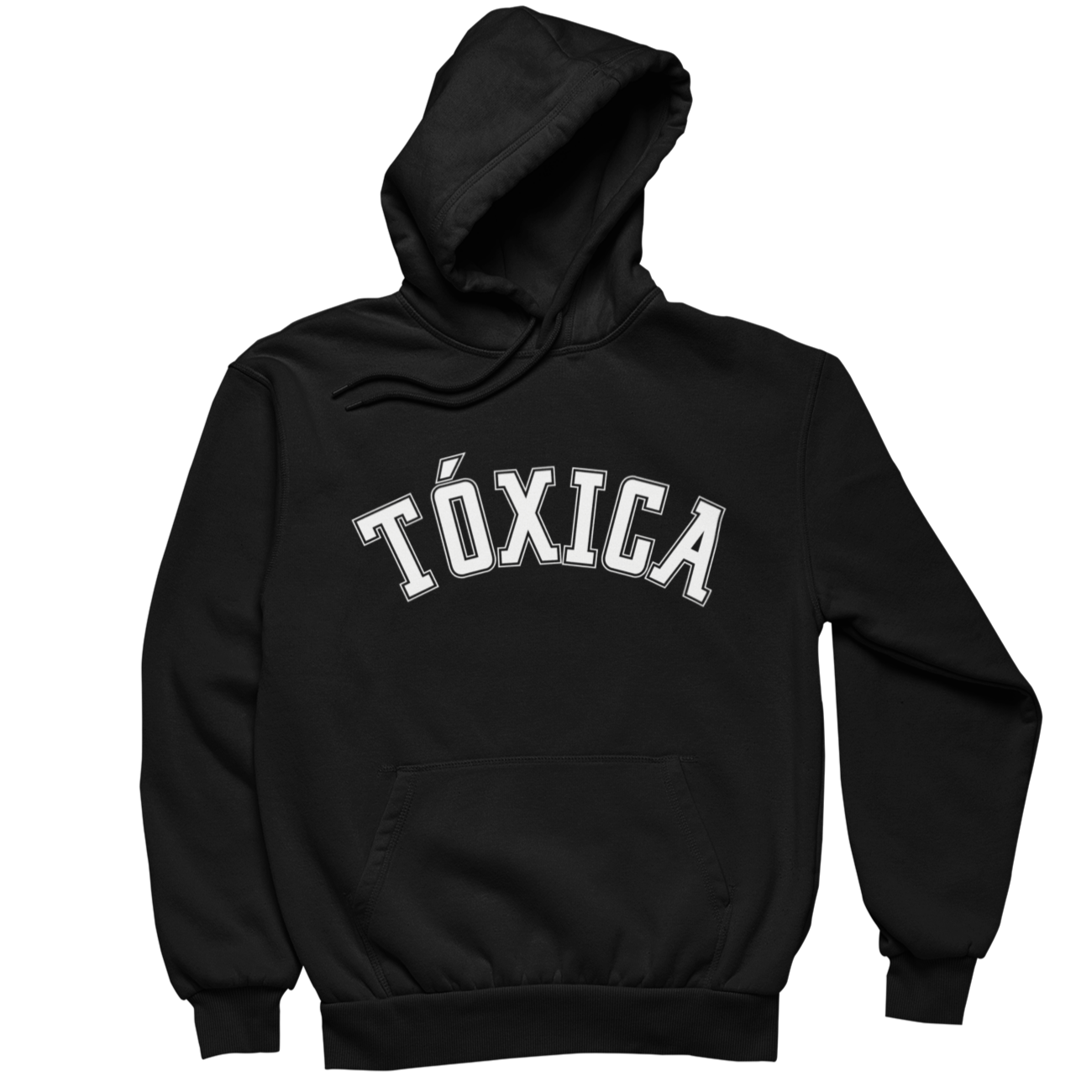 Black spanish hoodie sweatshirt for Latina women with the word 'Toxica' written in white varsity lettering