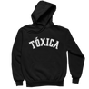 Black spanish hoodie sweatshirt for Latina women with the word 'Toxica' written in white varsity lettering