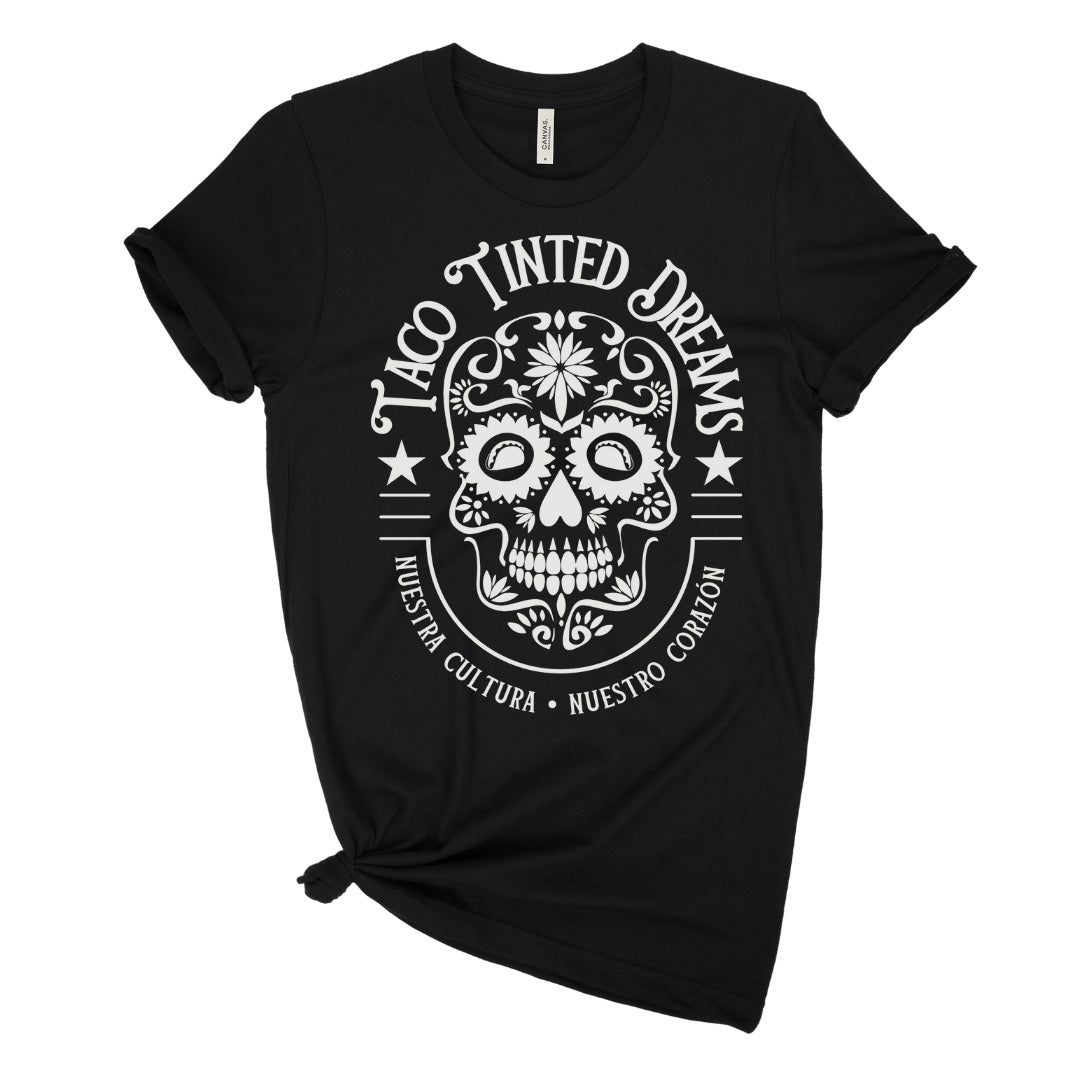 women's black t-shirt with sugar skull design celebrating Mexican culture