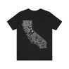 Black t-shirt for Latino men, showcasing Mexican pride through an eye-catching design of the state of California filled with Aztec artwork
