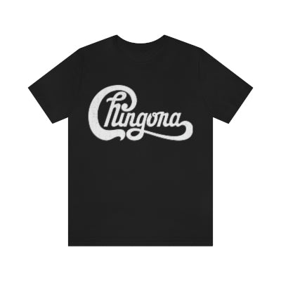 Black t-shirt for Latinas, showcasing strength and wit with a humorous logo that reads 'Chingona', inspired by a famous rock-band logo