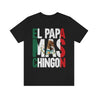 Mexican pride-inspired black t-shirt for men with the words "El Papa Mas Chingon" written in a stylized form of the Mexican flag