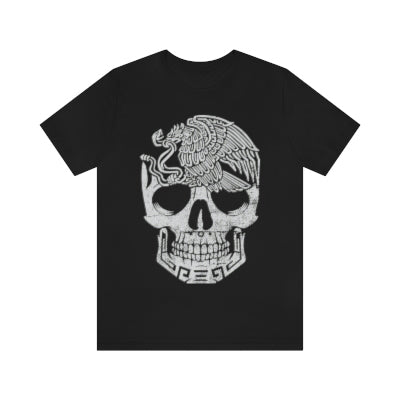 Black tee with a unique design combining a skull and the Mexican national bird, the crested caracara