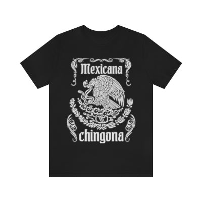 mexican woman wearing a Black t-shirt with a crested caracara graphic and the text 'Mexicana Chingona', celebrating Mexican pride