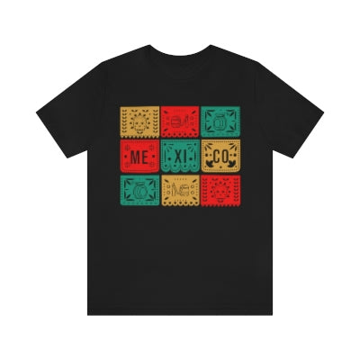 Fun black t-shirt for Mexican women showcasing a traditional papel picado design and the word 'Mexico'