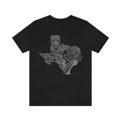 Aztec-inspired art within the borders of Texas, on a black t-shirt for Latino men to showcase Mexican pride