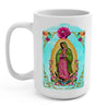 Virgen mary white mug featuring colorful traditional image of 'La Virgen de Guadalupe' in pretty Turquoise and pink